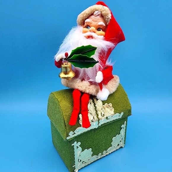Santa Claus On Rooftop Green Felt Box Ornament Holly Gold Bell & Foil Accents v1 - Picture 2 of 10